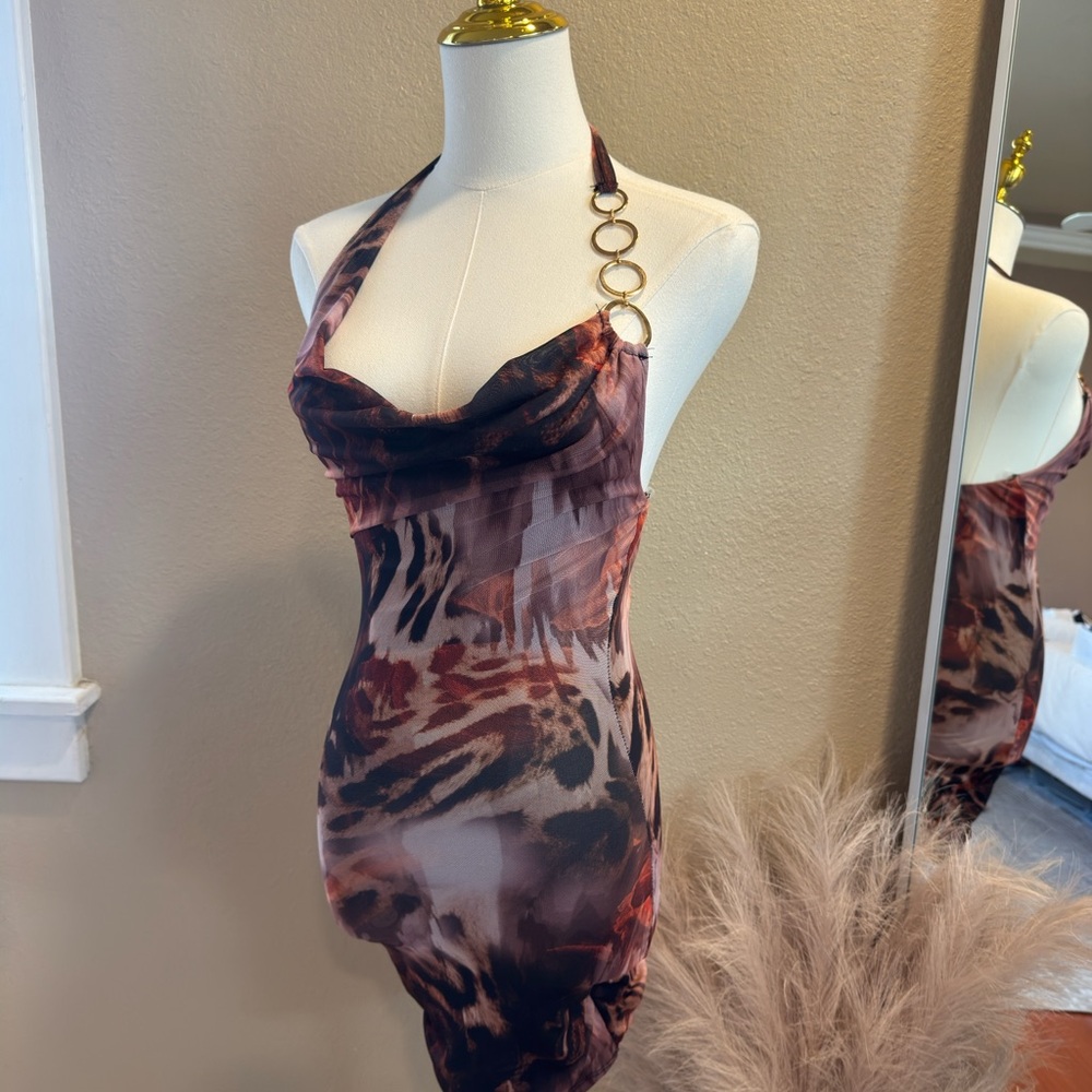 Elegant Halter Dress with Animal Print